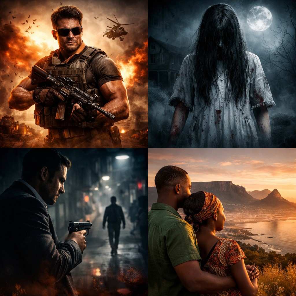 Movie categories preview graphic showing Action, Horror, Thriller, and South African films.