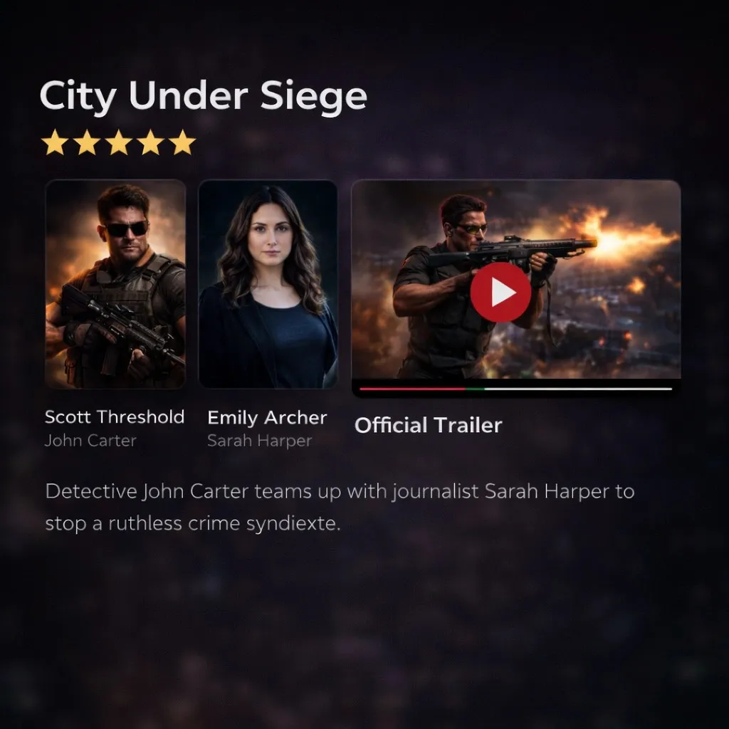 Movie detail preview showing cast photos and a trailer thumbnail
